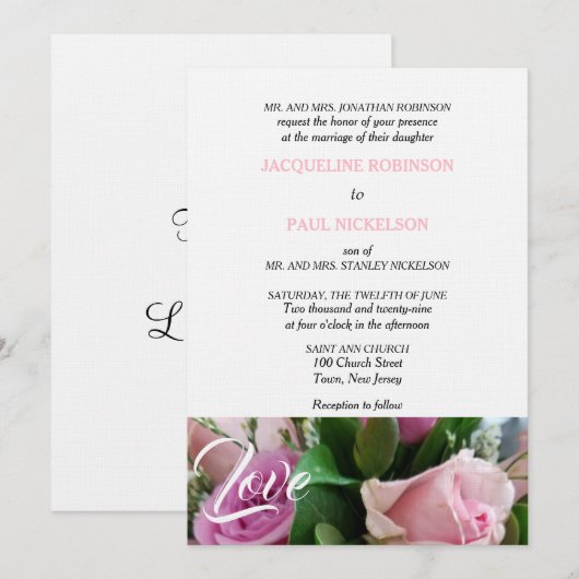 Liebe Hochzeit von hellrosa Rose Einladung (Vorne/Hinten)