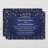 Liebe Hochzeit von Navy Blue White & Gold Moon & S Einladung (Vorne/Hinten)