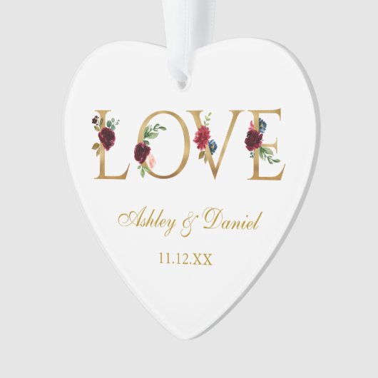 Liebe Hochzeitsnamen Datum Burgund Blumengolden Ornament (Vorderseite)
