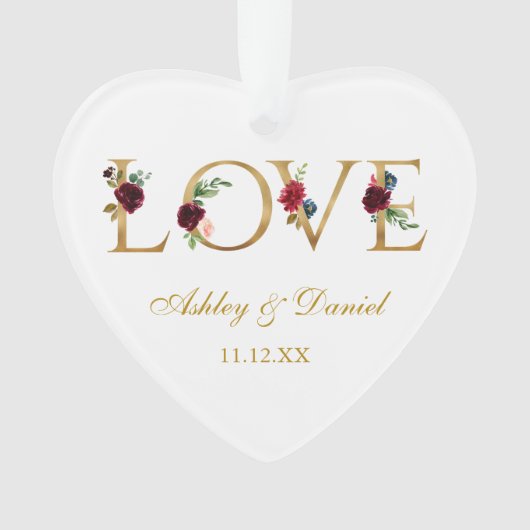 Liebe Hochzeitsnamen Datum Burgund Blumengolden Ornament (Vorderseite)