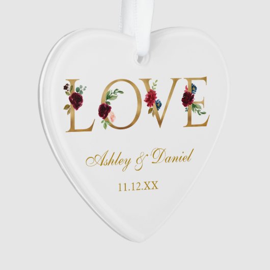 Liebe Hochzeitsnamen Datum Burgund Blumengolden Ornament (Vorderseite)