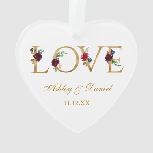 Liebe Hochzeitsnamen Datum Burgund Blumengolden Ornament (Rückseite)