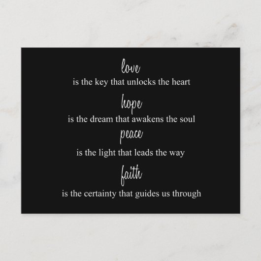 Liebe, Hoffnung, Frieden, Glaube Postkarte (Vorderseite)