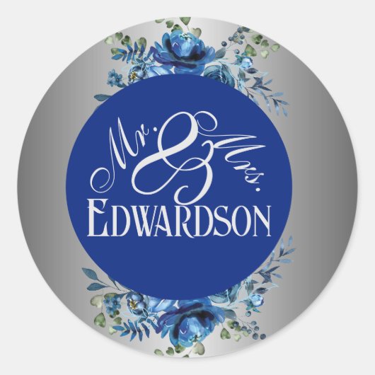 Liebe hören: Blue Petals & Silver Mit Monogramm Runder Aufkleber (Vorderseite)
