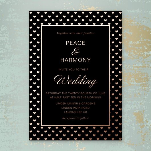 Liebe hört Rose Gold Black Wedding Folieneinladung