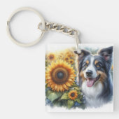 Liebe Hunde Border Collie Sunflower Acrylic Schlüs Schlüsselanhänger (Vorderseite)