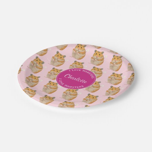 Liebe I Hamster-rosa Hamster-Muster Pappteller (Schrägansicht)