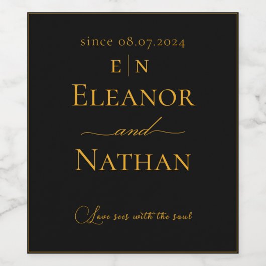 Liebe I Happy Couple Monogram Black and Gold Weinetikett (Einzelnes Label)