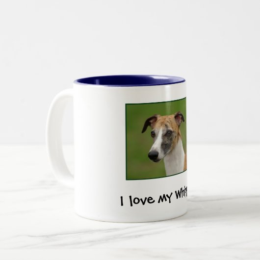 Liebe I mein Whippet! Zweifarbige Tasse (Vorderseite Links)
