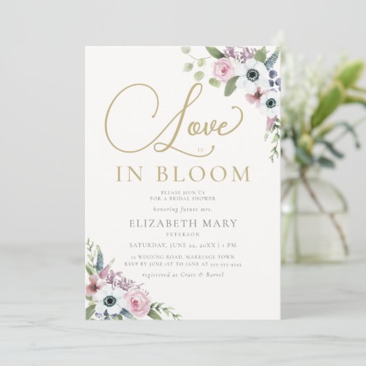 Liebe im Bloom Anemone Rose Blumenkohl Brautparty Einladung (Stehend Vorderseite)