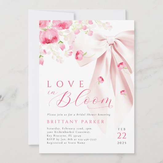 Liebe im Bloom Bow-Brautparty Einladung (Vorderseite)