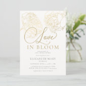 Liebe im Bloom Gold Peony Sketch Brautparty Einladung (Stehend Vorderseite)