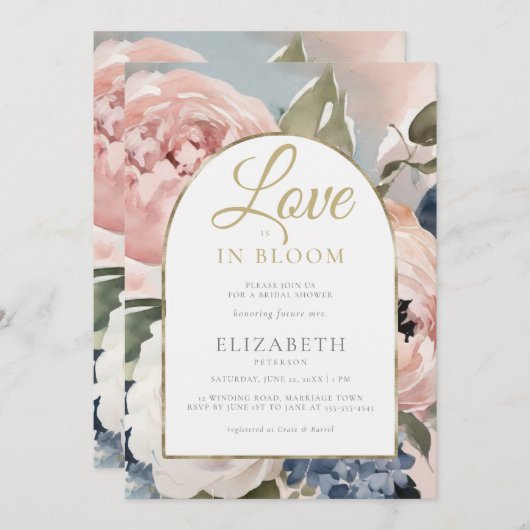 Liebe im Bloom Peony Gold Boho Arch Brautparty Einladung (Vorne/Hinten)