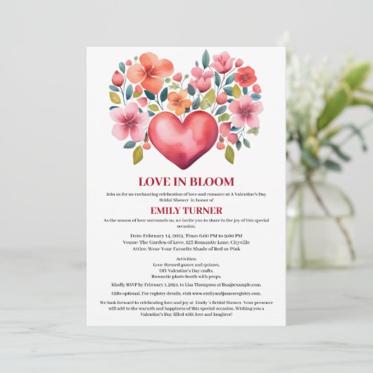 Liebe im Bloom Valentine Thema Brautparty Einladung (Stehend Vorderseite)