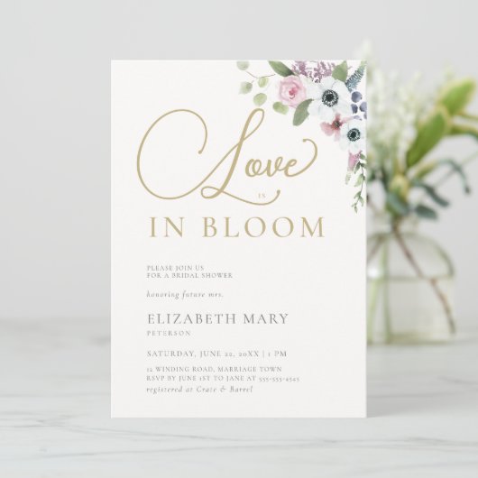 Liebe im Blümchen-Anemones-Blumengold-Brautparty Einladung (Stehend Vorderseite)