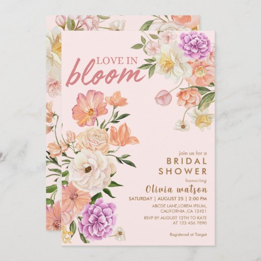 Liebe im blütenblütigen, rosa blühendes Brautparty Einladung (Vorne/Hinten)