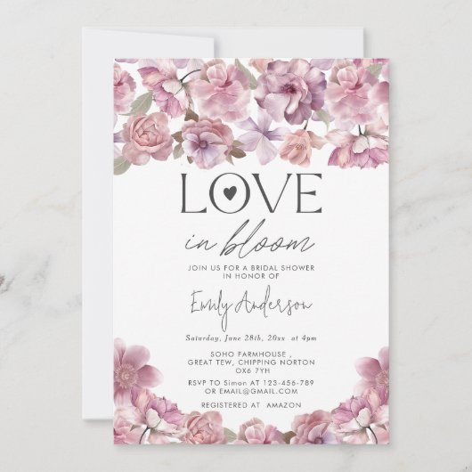 Liebe im blutmodernen blumengeschmückten Brautpart Einladung (Vorderseite)