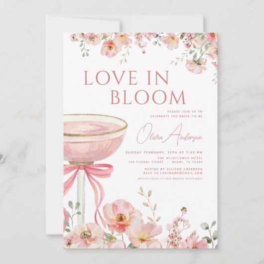 Liebe im Brautparty Bloom Champagne Pink Bow Einladung (Vorderseite)