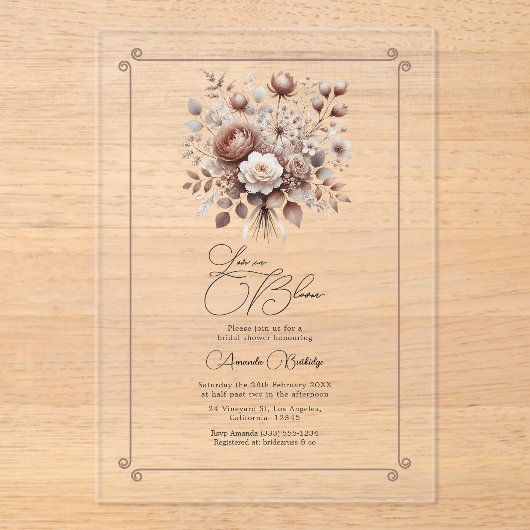 Liebe im Brautparty Bloom Mocha Mousse Acryleinladungen (Vorderseite)