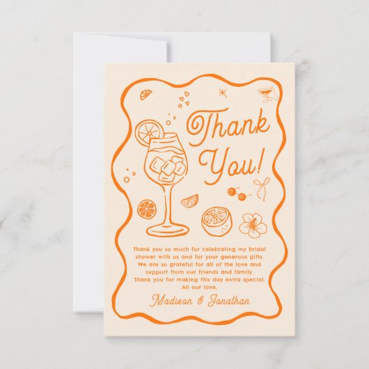 Liebe im ersten Spritz-Brautparty Dankeskarte (Vorderseite)