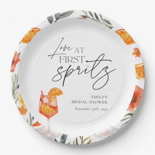 Liebe im ersten Spritz-Brautparty Pappteller (Vorderseite)