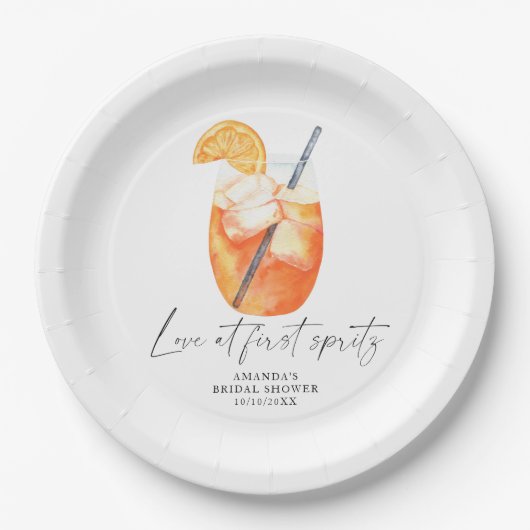 Liebe im ersten Spritz-Brautparty Pappteller (Vorderseite)