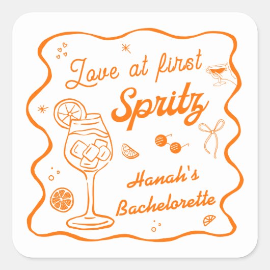 Liebe im ersten Spritz-Junggeselinnen-Abschied Quadratischer Aufkleber (Vorderseite)