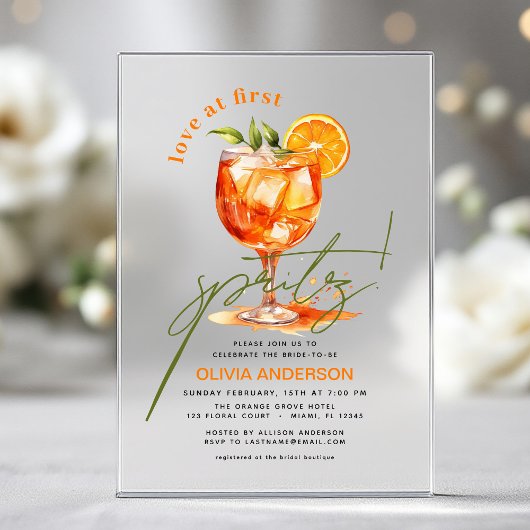 Liebe im ersten Spritz Orange Brautparty Acryleinladungen