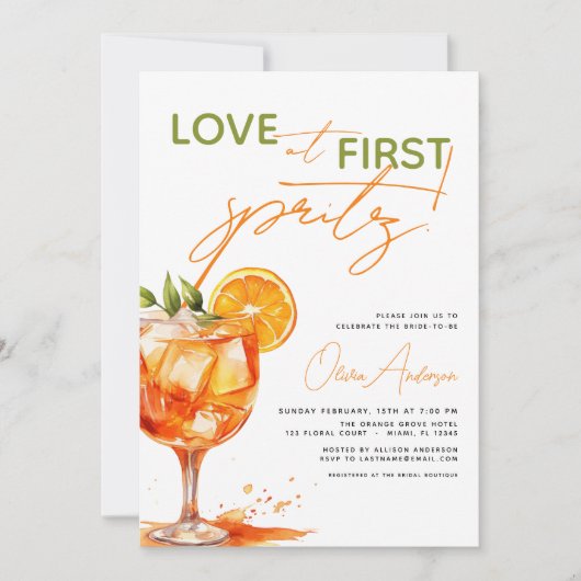 Liebe im ersten Spritz Orange Brautparty Einladung (Vorderseite)