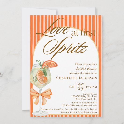 Liebe im ersten Spritz QR-Code Orange-Brautparty Einladung (Vorderseite)