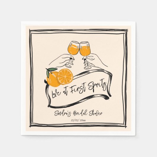 Liebe im ersten Spritz Retro-Orange-Brautparty Serviette (Vorderseite)