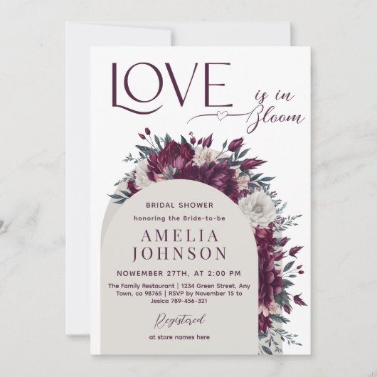 Liebe in Bloom Blume Burgund Cream Brautparty Einladung (Vorderseite)