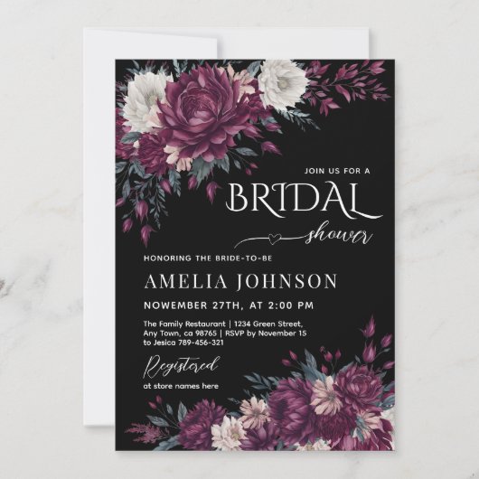 Liebe in Bloom Blume Burgund Dunkles Brautparty Einladung (Vorderseite)