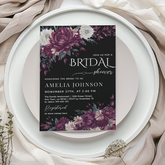 Liebe in Bloom Blume Burgund Dunkles Brautparty Einladung
