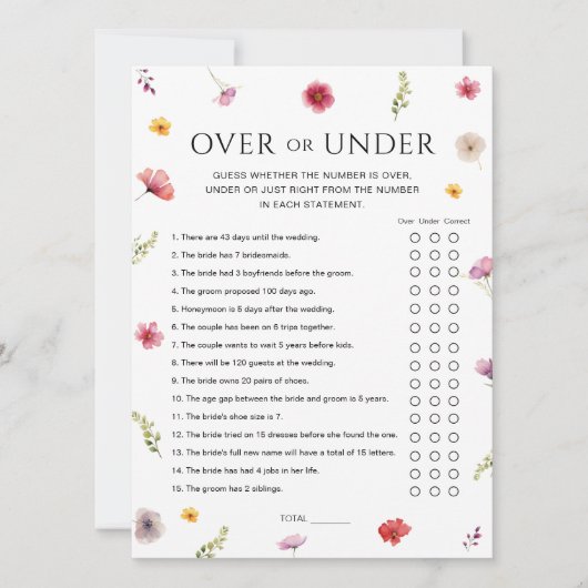 Liebe in Bloom Brautparty Over & Under Game Card Einladung (Vorderseite)