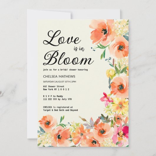 Liebe In Bloom farbenfroh Sommer Blumenstrauß Brau Einladung (Vorderseite)