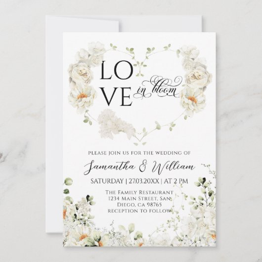 Liebe in Bloom Heart Blume Monogramme Hochzeit Einladung (Vorderseite)