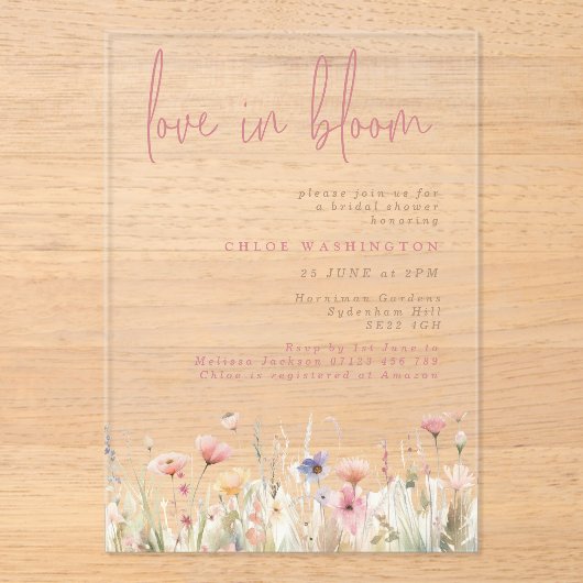 Liebe in Bloom Pink Wild Blume Brautparty Acryleinladungen (Vorderseite)