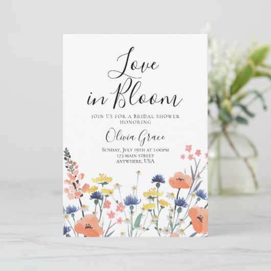 Liebe in Bloom Wildblume Brautdusche Einladung (Stehend Vorderseite)