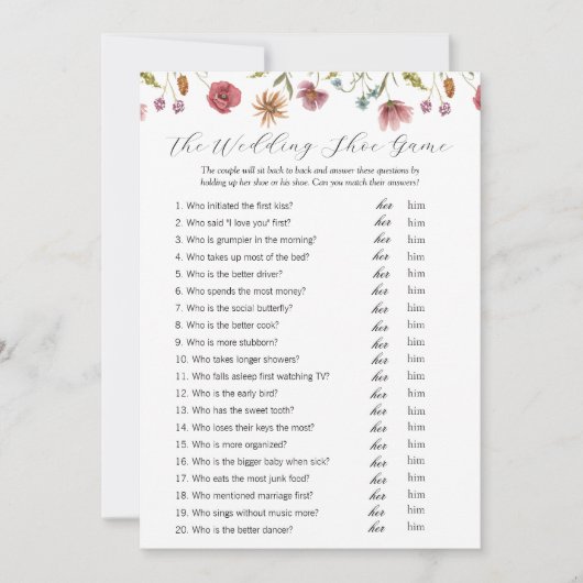 Liebe in Bloom Wildblume Wedding Shoe Game Card Einladung (Vorderseite)