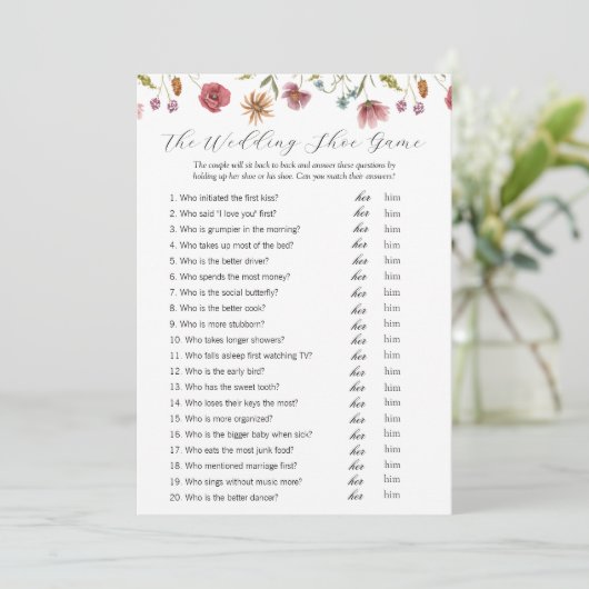 Liebe in Bloom Wildblume Wedding Shoe Game Card Einladung (Stehend Vorderseite)