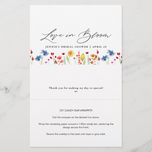Liebe in Bloom Wildblumen Candy Bar Wrapper Flyer (Vorne)