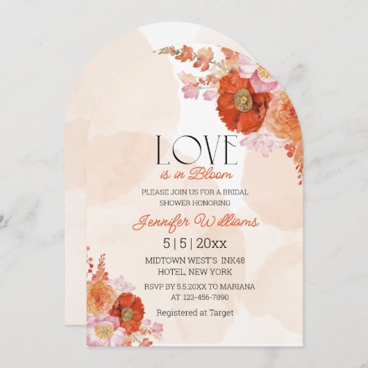 Liebe in blühendem orangefarbenem Brautparty Einladung (Vorne/Hinten)