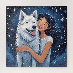 Liebe in den Sternen: Mädchen und Husky Puzzle