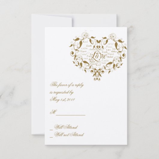Liebe in einer beliebigen Sprache in Gold-Antwortk RSVP Karte (Vorderseite)