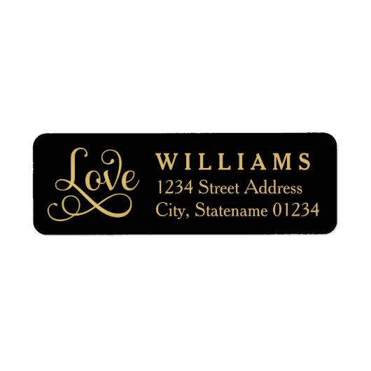 Liebe in Gold Script Black Wedding Rücksendeadress (Vorne)
