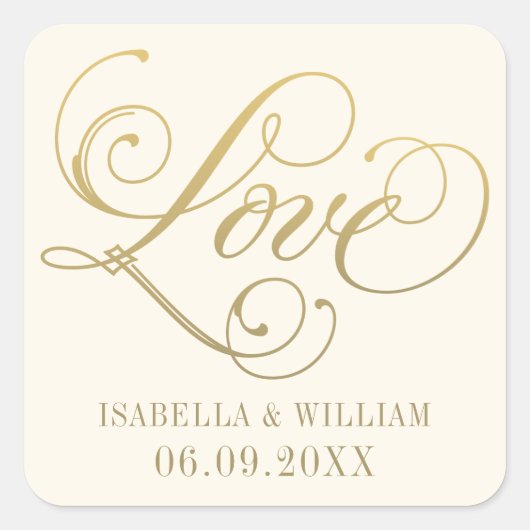 Liebe in Gold-Script-ElfenbeinWedding Monogram Quadratischer Aufkleber (Vorderseite)