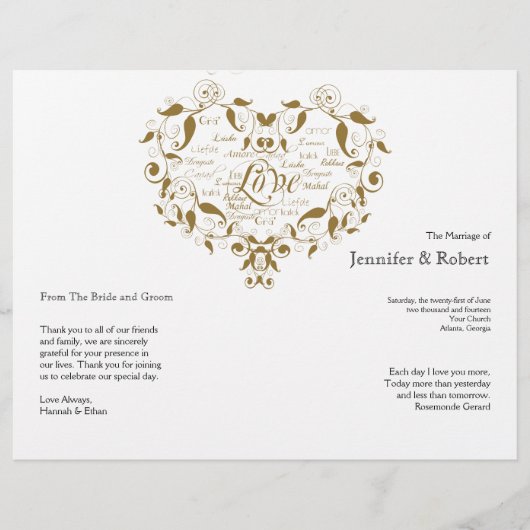 Liebe in jeder Sprache in Gold-Hochzeitsprogramm (Vorderseite)