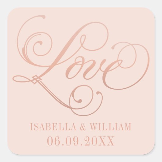 Liebe in Rose Gold Script Blush Wedding Monogram Quadratischer Aufkleber (Vorderseite)