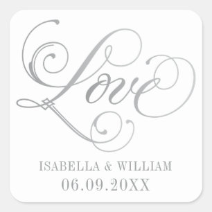 Liebe in Silver Elegant Script Wedding Monogram Quadratischer Aufkleber
